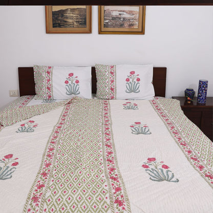 Pink Flower Handblock Reversible Double Quilt