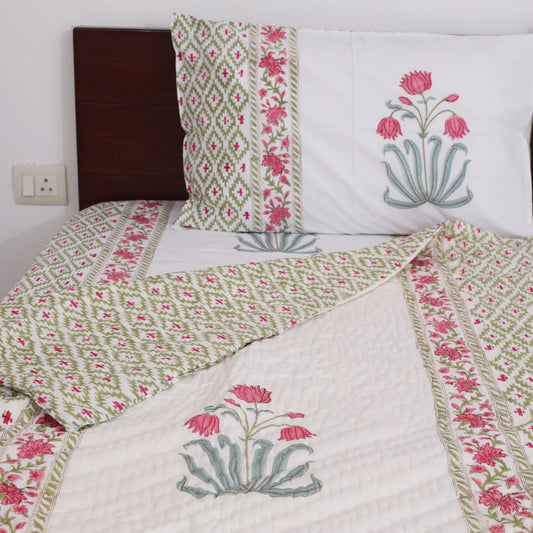 Pink Flower Handblock Reversible Double Quilt