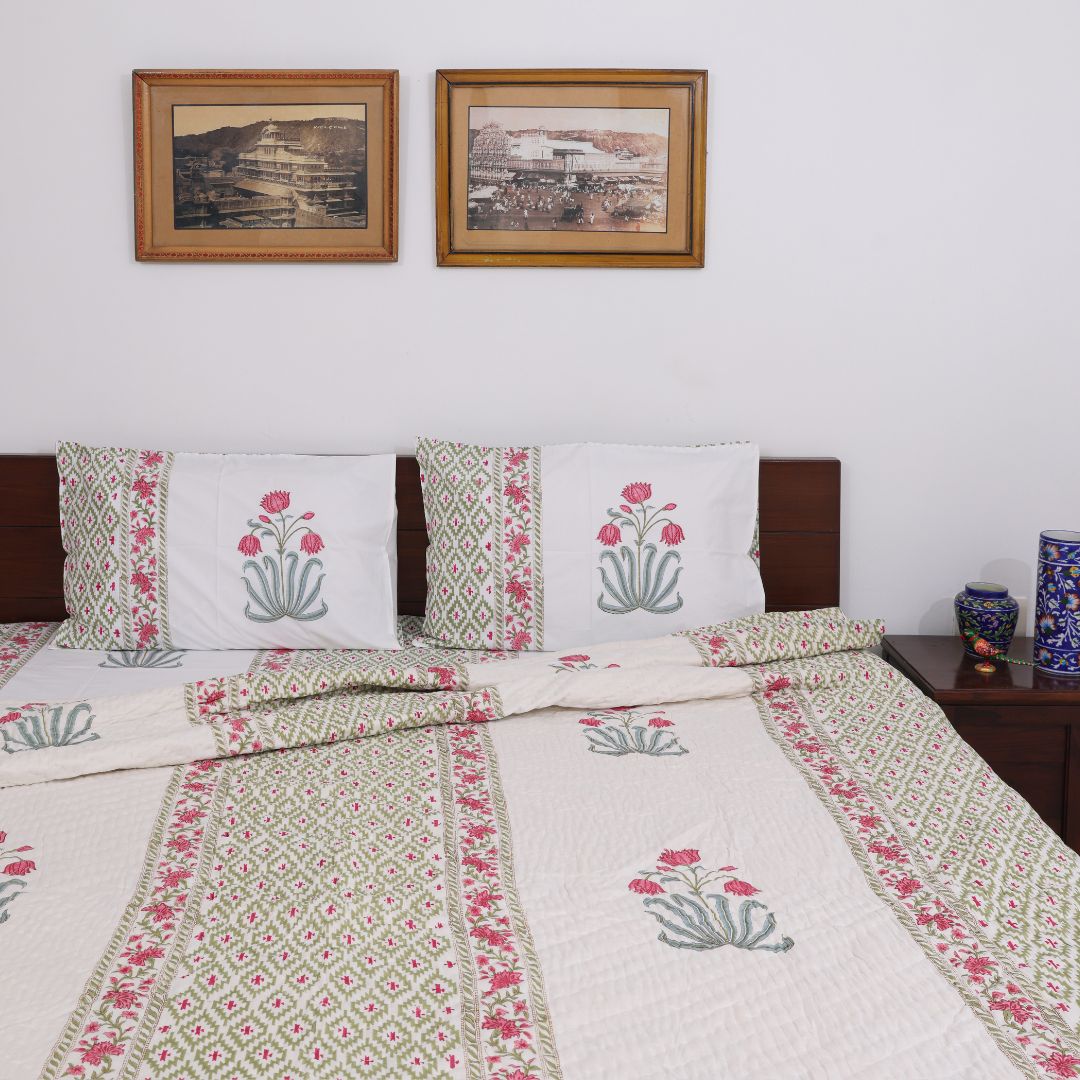 Pink Flower Handblock Reversible Double Quilt