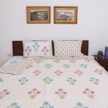 Blue & Pink Flowers Handblock Print Reversible Double Quilt