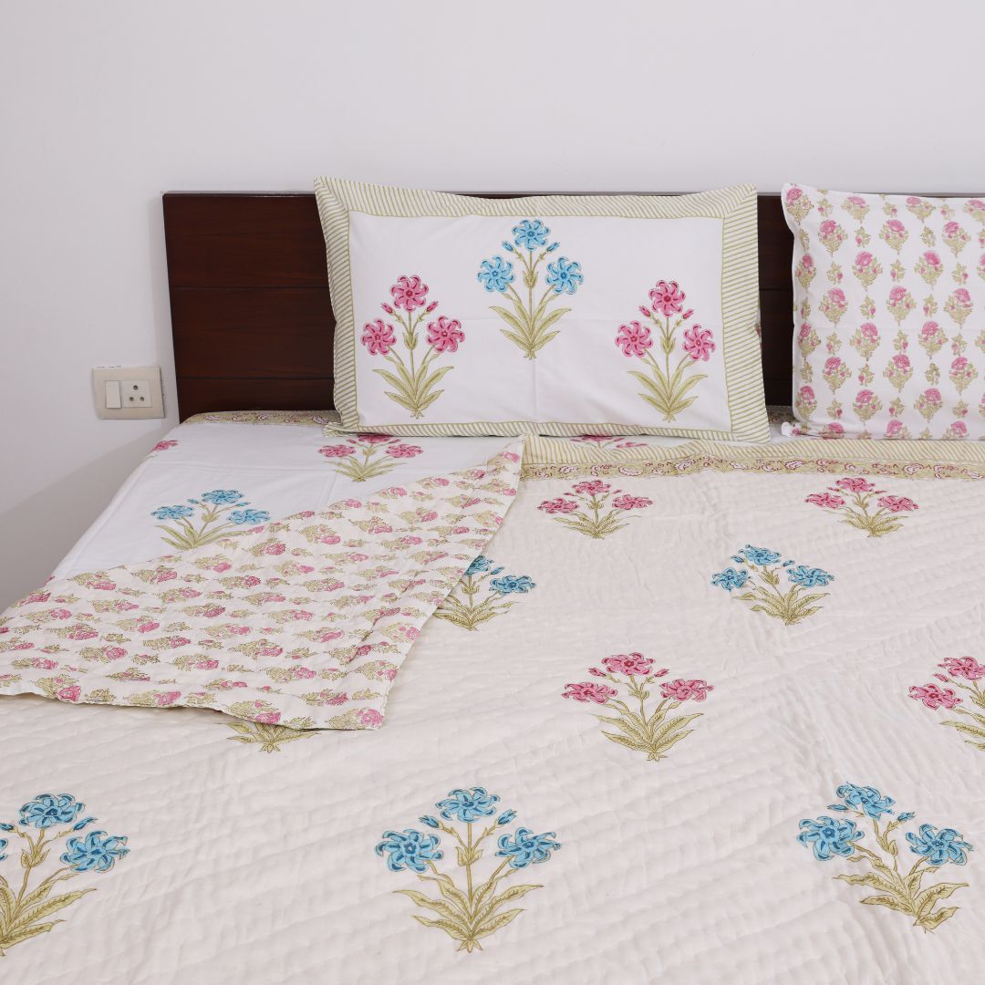 Blue & Pink Flowers Handblock Print Reversible Double Quilt