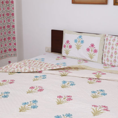 Blue & Pink Flowers Handblock Print Reversible Double Quilt