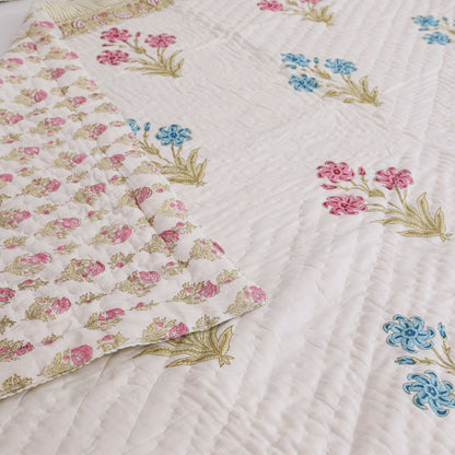 Blue & Pink Flowers Handblock Print Reversible Double Quilt