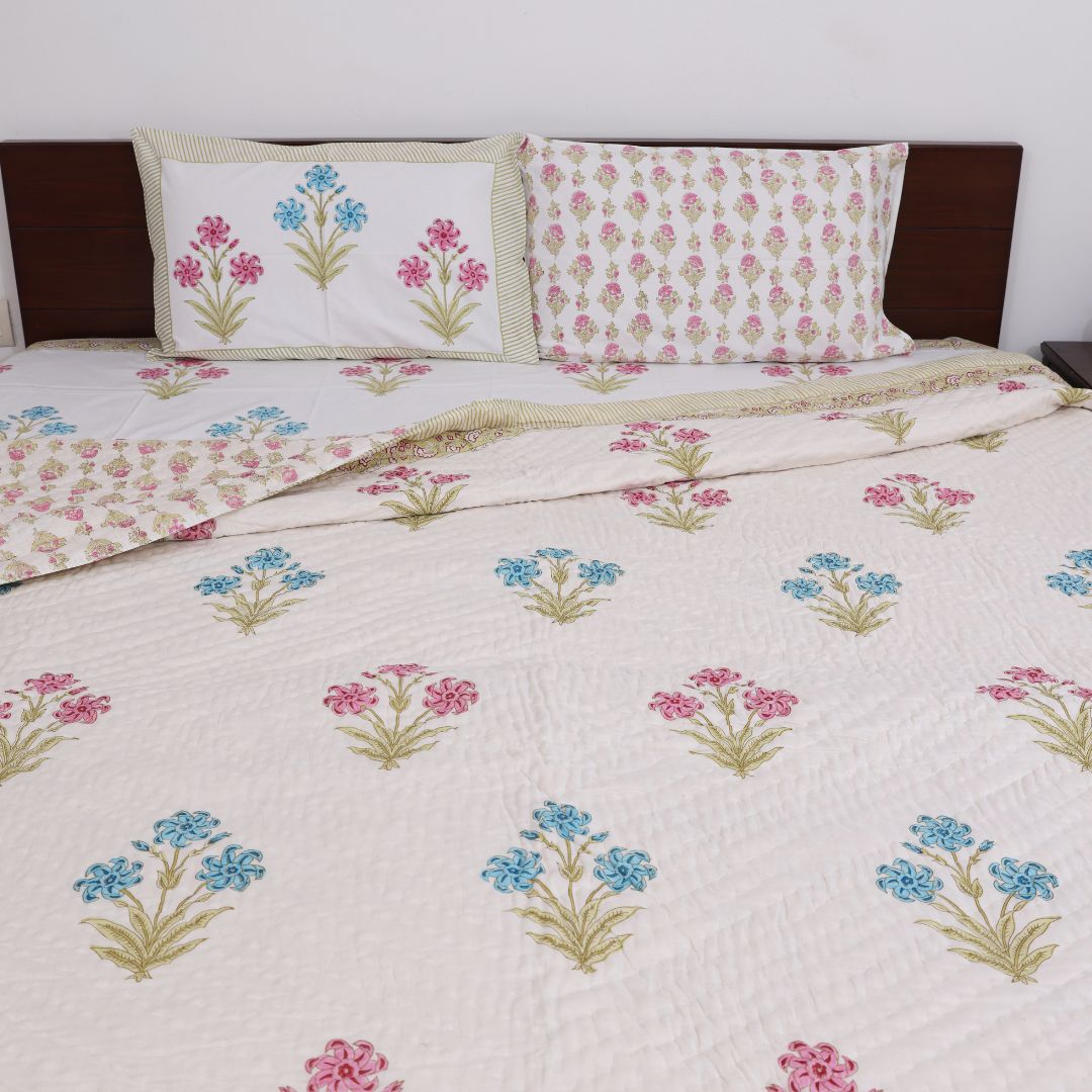 Blue & Pink Flowers Handblock Print Reversible Double Quilt