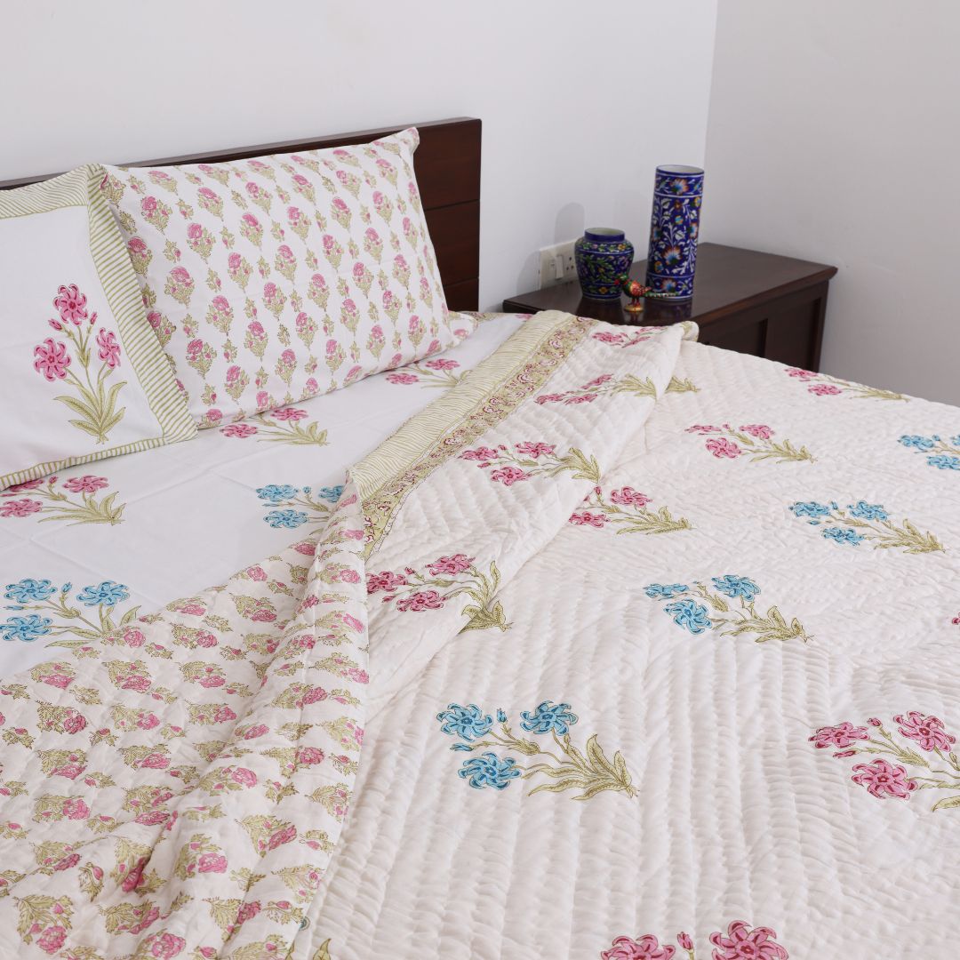 Blue & Pink Flowers Handblock Print Reversible Double Quilt