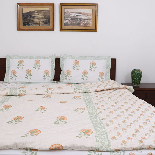 Light Brown Flowers Handblock Reversible Double Quilt