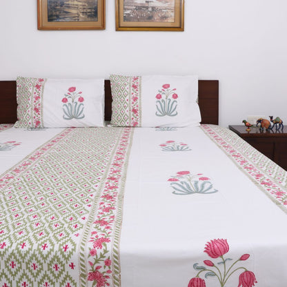 Pink Flower Handblock Bedsheet