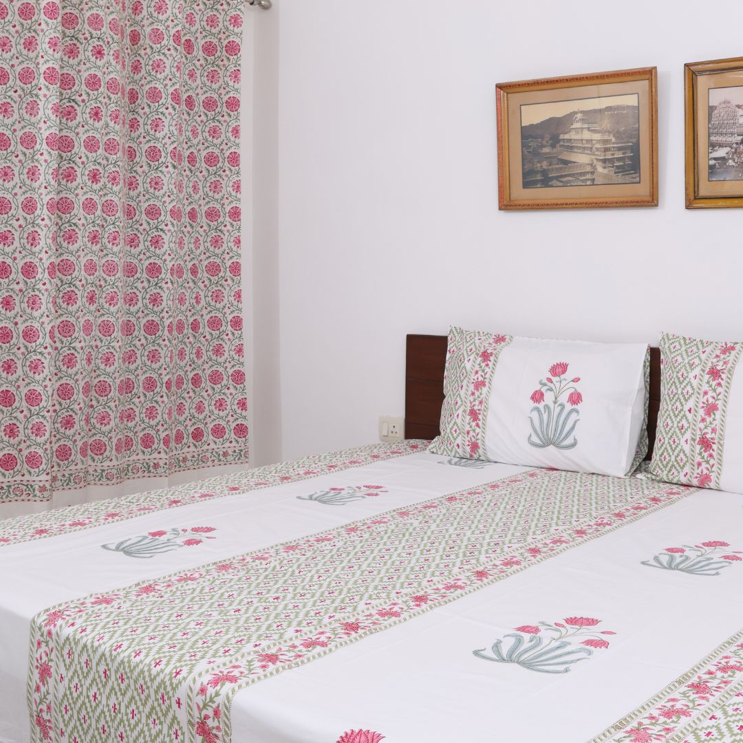 Pink Flower Handblock Bedsheet