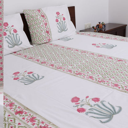 Pink Flower Handblock Bedsheet