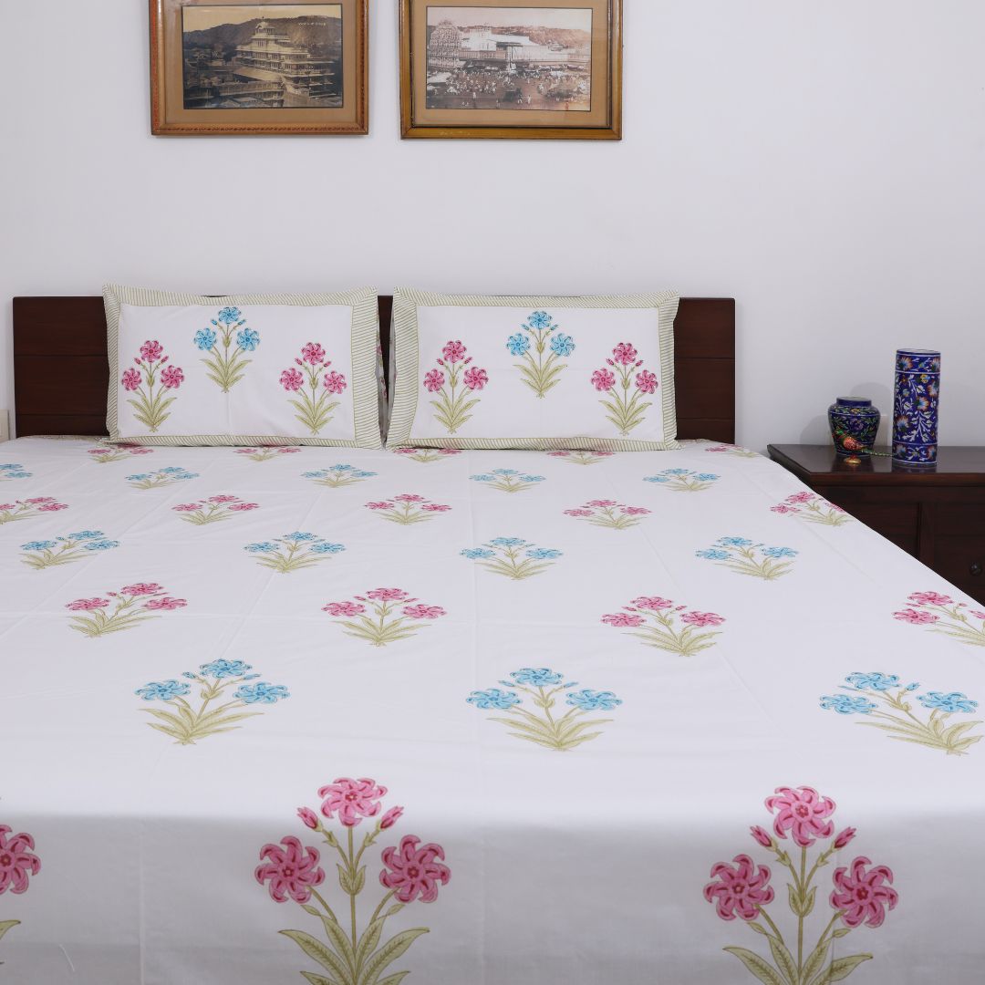 Blue & Pink Flowers Handblock Bedsheet