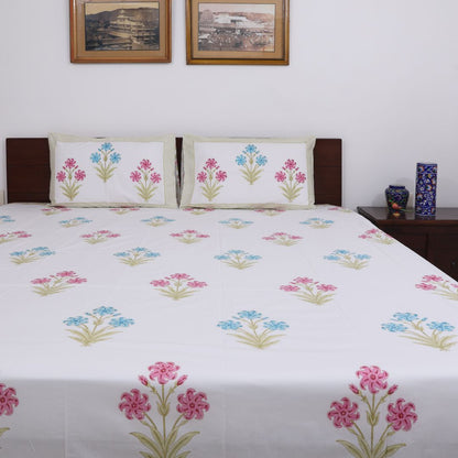 Blue & Pink Flowers Handblock Bedsheet