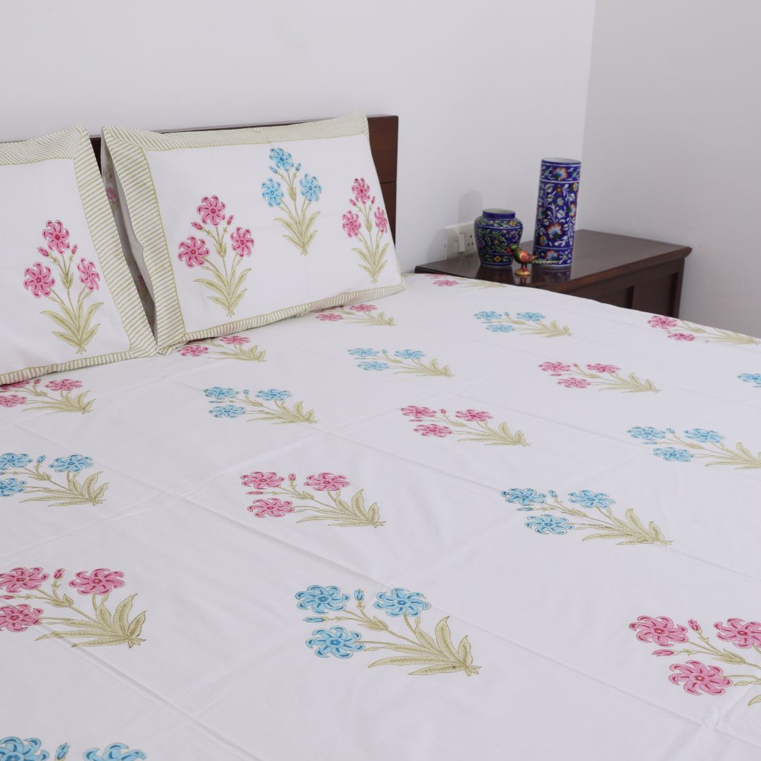 Blue & Pink Flowers Handblock Bedsheet