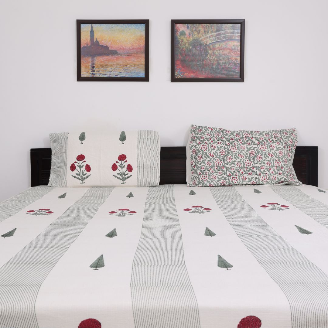 Poppy Handblock Slub Cotton Bedcover