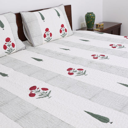 Maroon Poppy Handblock Quilted Comforter Set