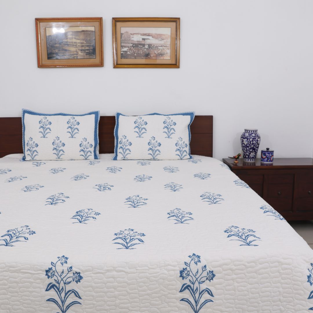 Blue Flowers Handblock Quilted Comforter Set