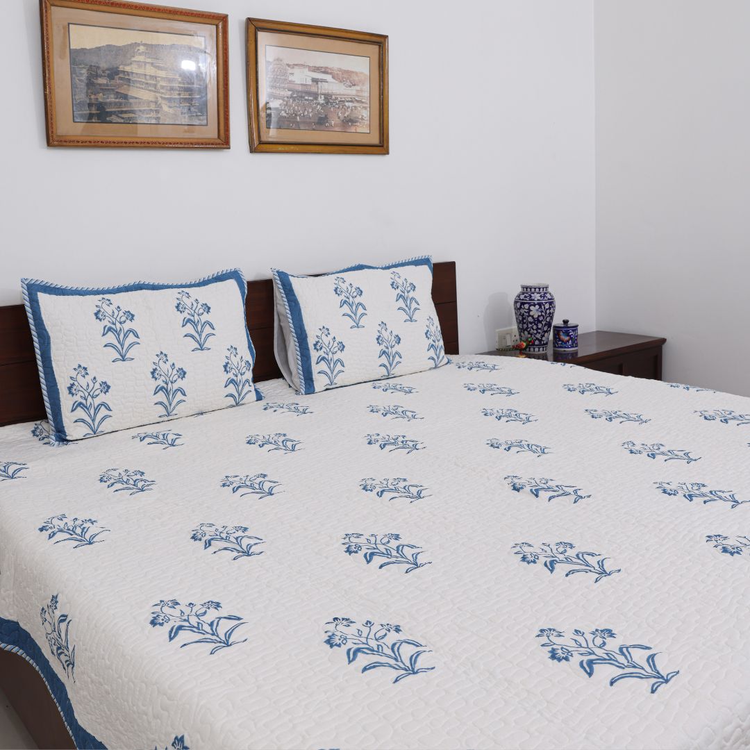 Blue Flowers Handblock Quilted Comforter Set