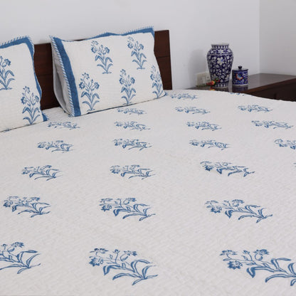 Blue Flowers Handblock Quilted Comforter Set