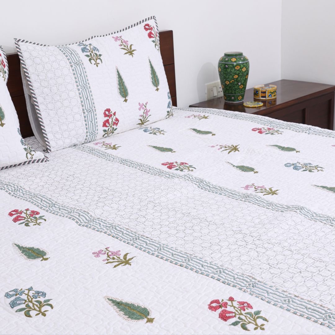 Blue & Pink Flowers Handblock Quilted Comforter Set