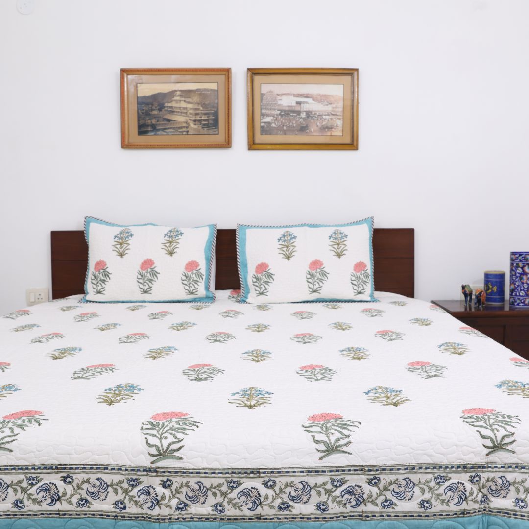 Green Leaf & Multicolor Flowers Handblock Quilted Comforter Set