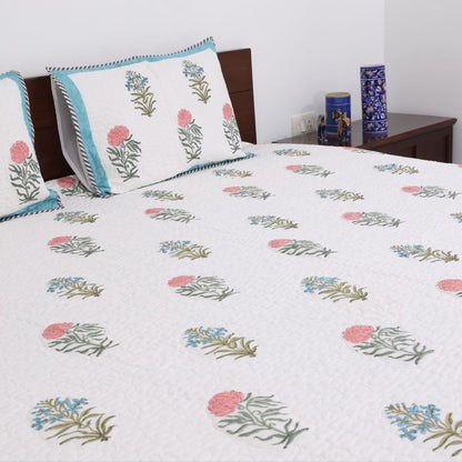 Green Leaf & Multicolor Flowers Handblock Quilted Comforter Set