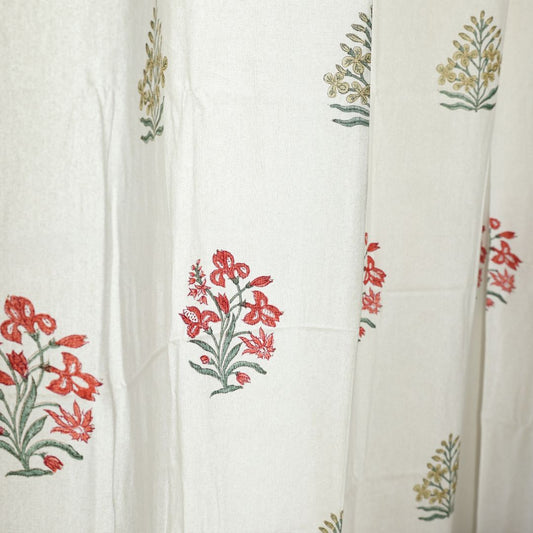 Grey Leaf & Red Flower Handblock Curtain | 1 PC