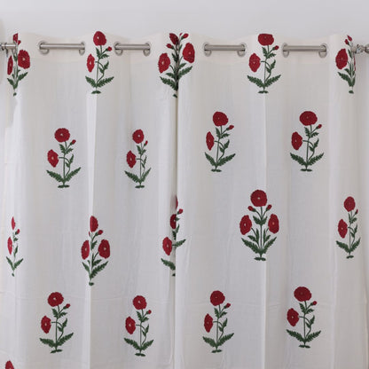 Red Poppy Flower Handblock Curtain | 1 PC