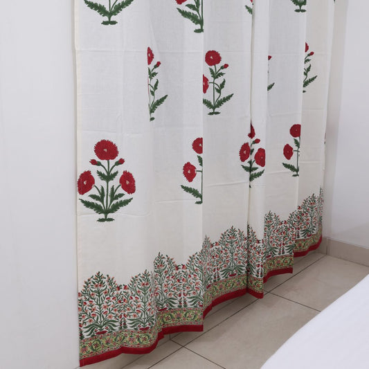 Red Poppy Flower Handblock Curtain | 1 PC