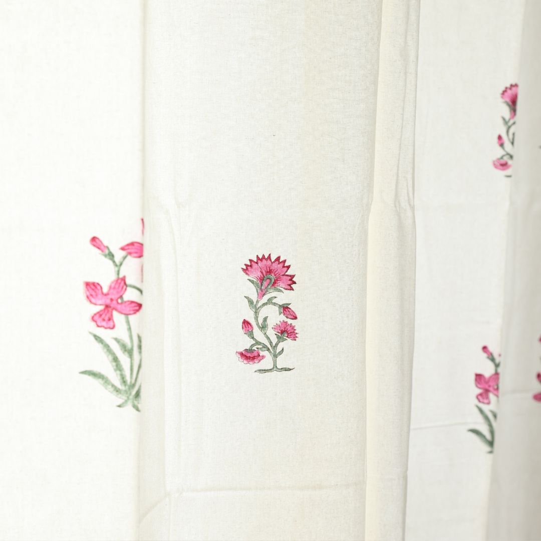 Pink Floral Handblock Cotton Curtain | 1 PC