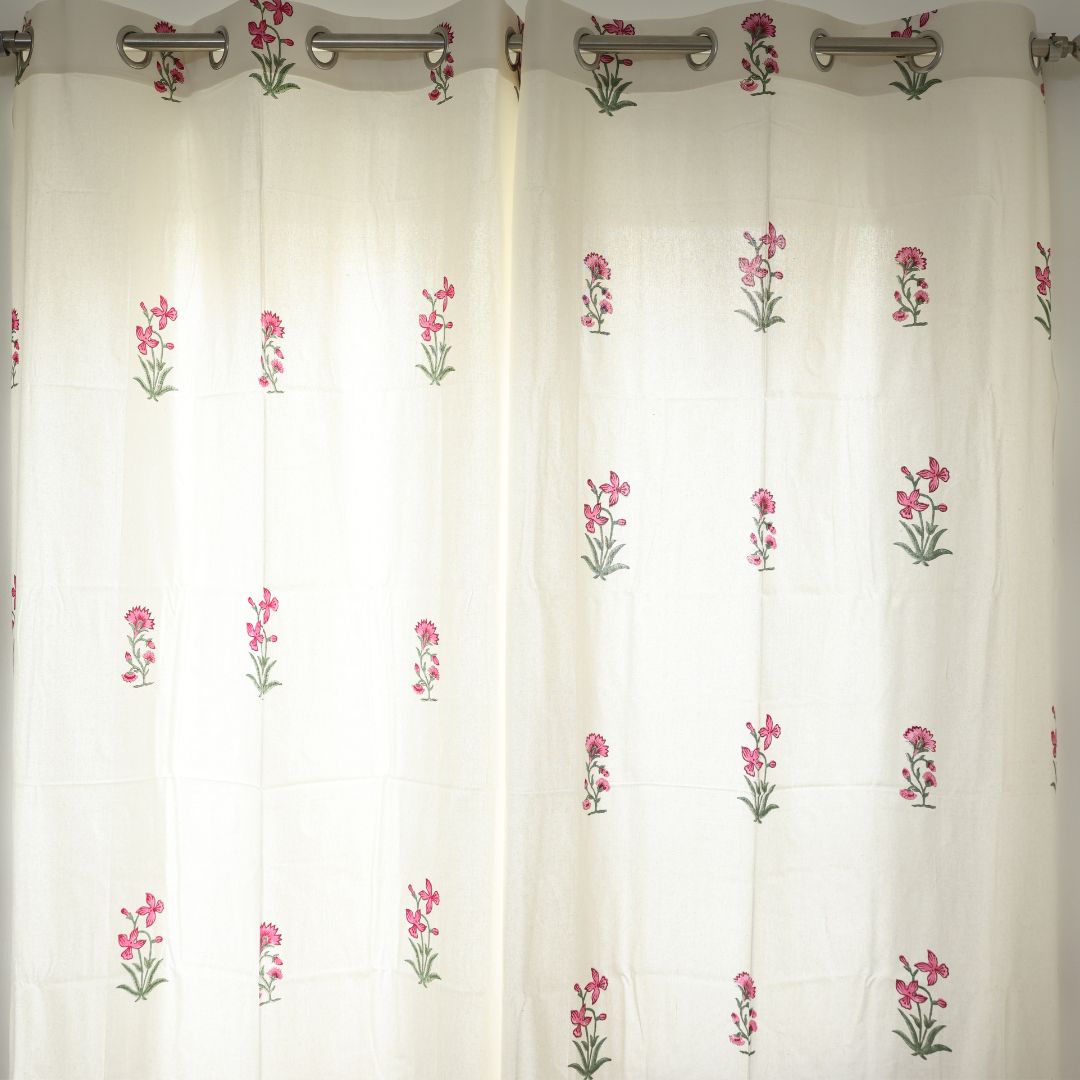 Pink Floral Handblock Cotton Curtain | 1 PC