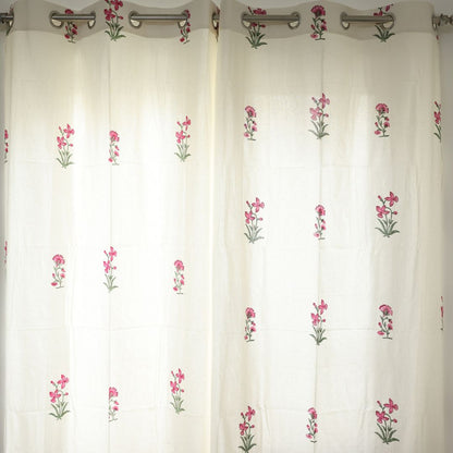 Pink Floral Handblock Cotton Curtain | 1 PC