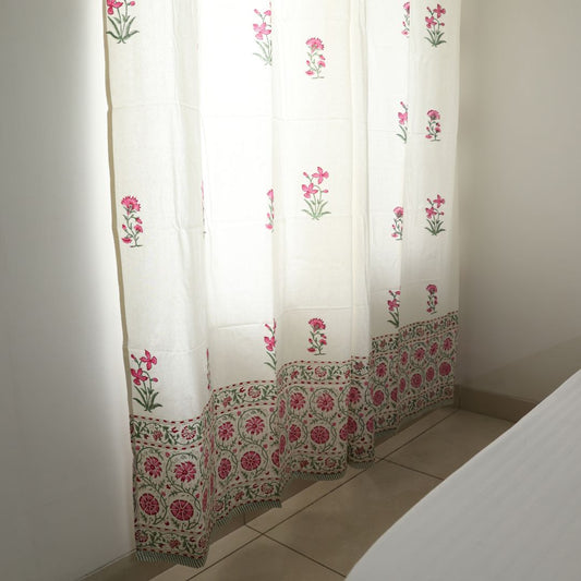 Pink Floral Handblock Cotton Curtain | 1 PC