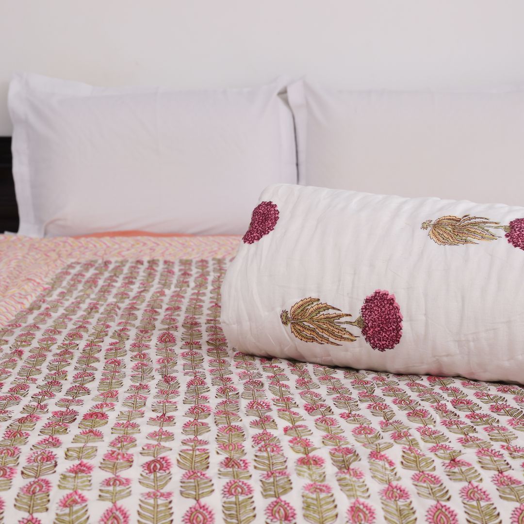 Pink Floral Handblock Reversible Single Quilt (Pair)