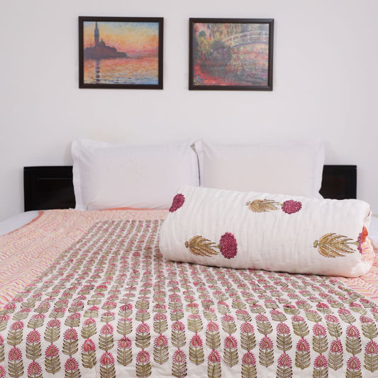 Pink Floral Handblock Reversible Single Quilt (Pair)