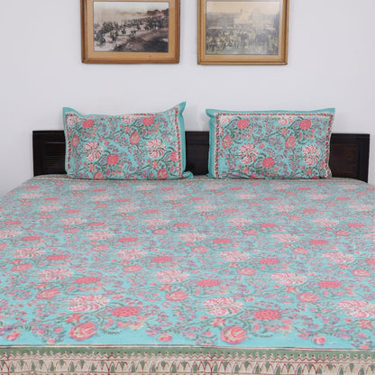 Aqua Blue & Pink Floral Handblock Cotton Bedcover