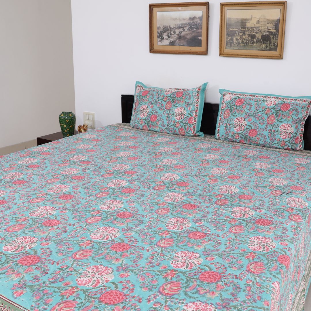 Aqua Blue & Pink Floral Handblock Cotton Bedcover