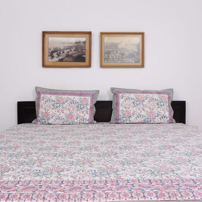 Pink Floral Vine Handblock Cotton Bedcover