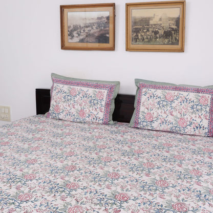 Pink Floral Vine Handblock Cotton Bedcover