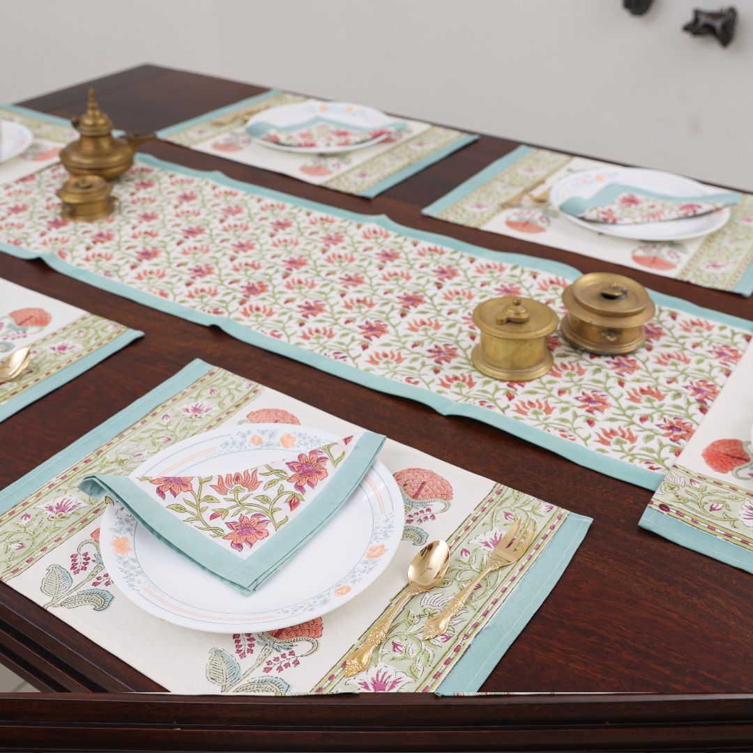 Orange Flower Handblock Dining Set