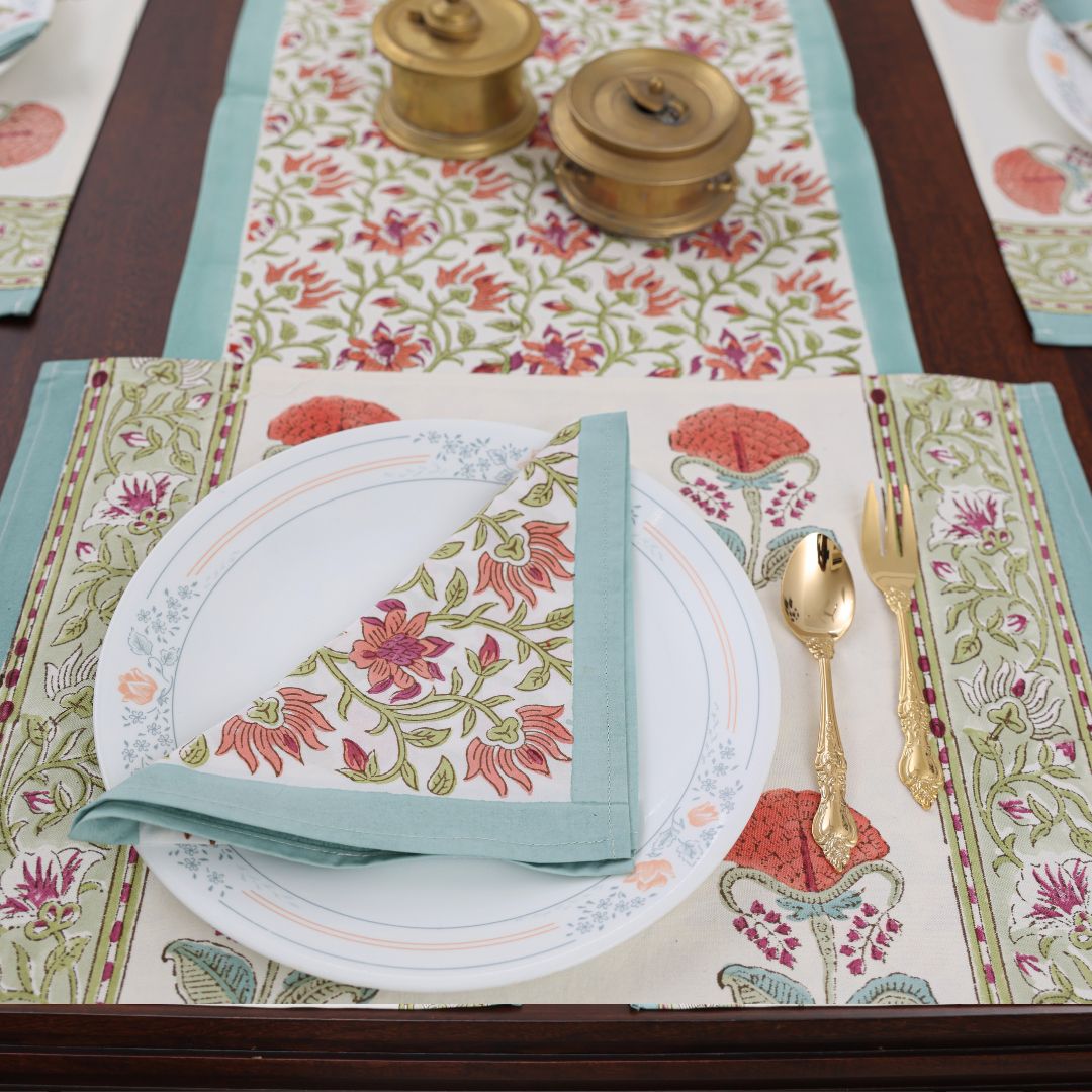 Orange Flower Handblock Dining Set