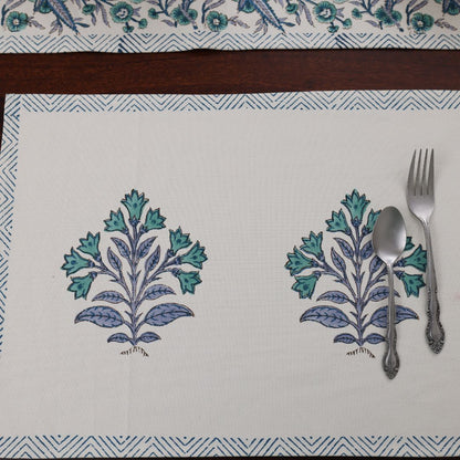 Turquoise and Grey Flower Handblock Dining Set