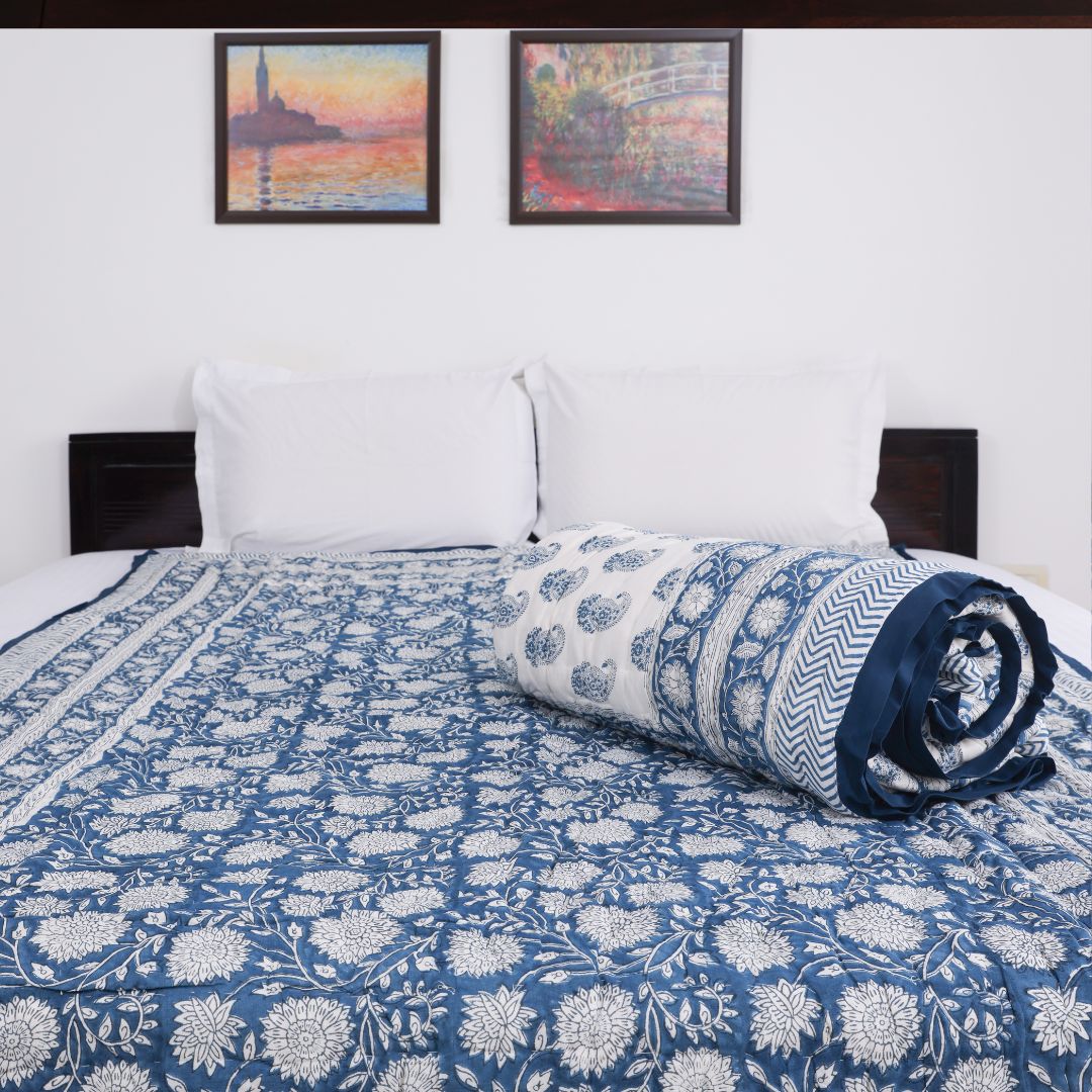 Blue Turquoise Traditional Handblock Print Reversible Quilt