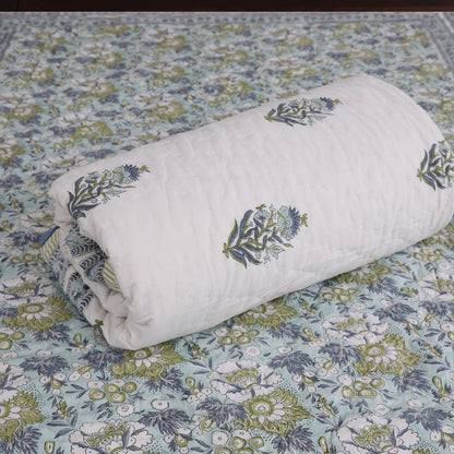 Light Blue and Light Green Handblock Reversible Single Quilt (Pair)