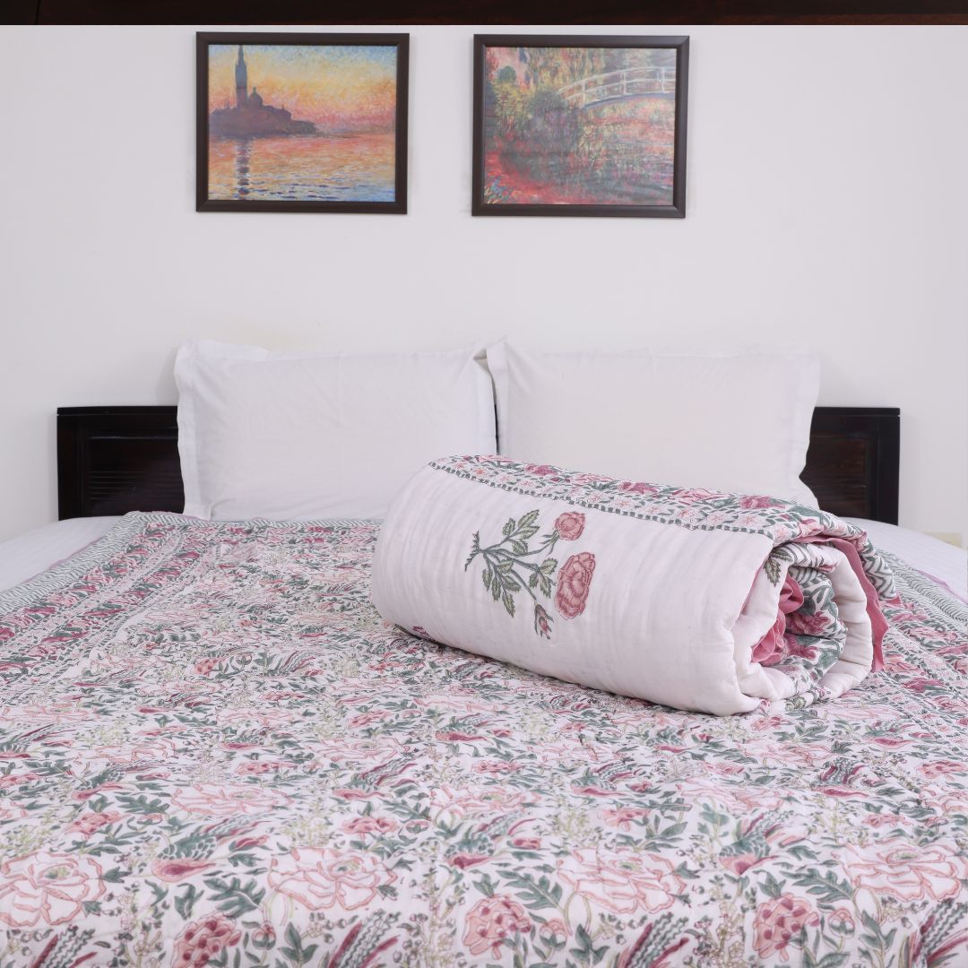 Light Pink Handblock Reversible Single Quilt (Pair)