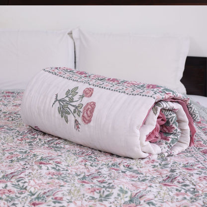 Light Pink Handblock Reversible Single Quilt (Pair)