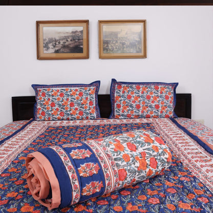 Dark Blue and Orange Handblock Reversible Quilt