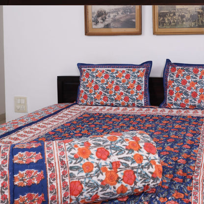 Dark Blue and Orange Handblock Reversible Quilt