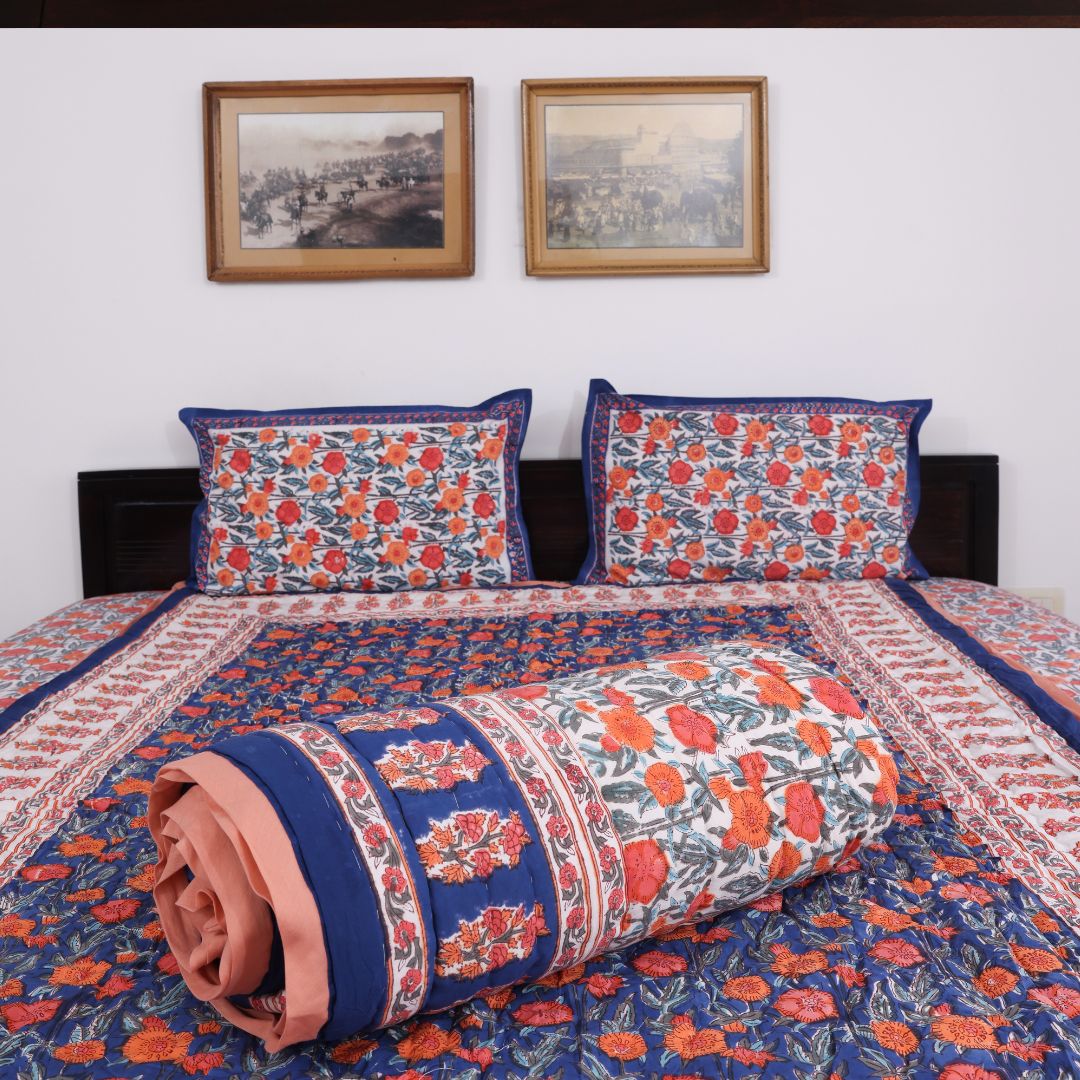 Dark Blue and Orange Handblock Reversible Quilt