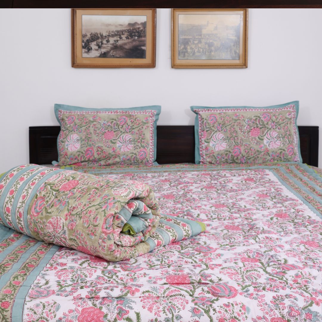 Floral Green and Pink Handblock Reversible Quilt