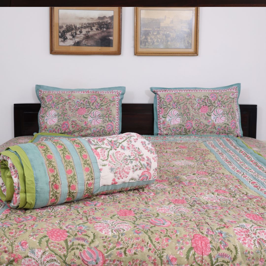 Floral Green and Pink Handblock Reversible Quilt