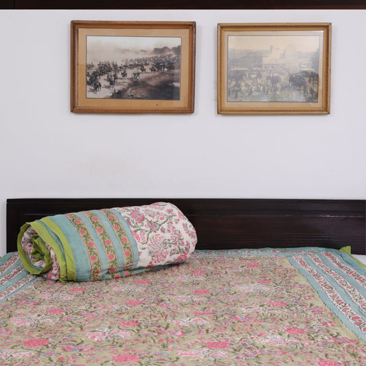 Floral Green and Pink Handblock Reversible Quilt